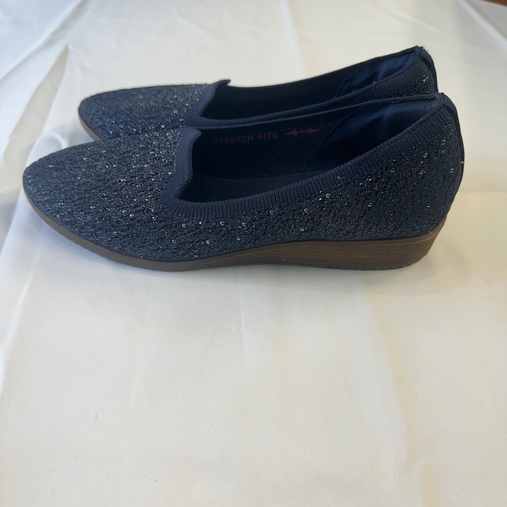Skechers Cleo 2.0 Love Spell Navy Blue Shimmer Knit Pointed Toe Flats Shoes - Picture 4 of 12